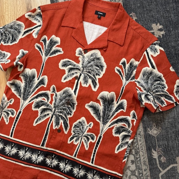 Men's Express Orange Linen Palm Tree Floral Button Down Beach Shirt Small - Picture 4 of 6
